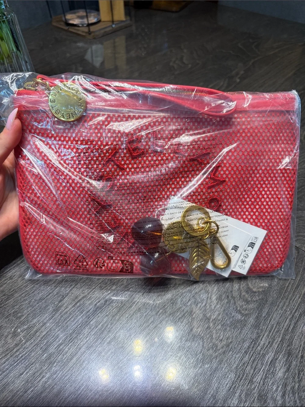 Stella McCartney Bright Red Stella Mesh Zip Pouch with Cherry 🍒 Charm - Picture 1 of 9